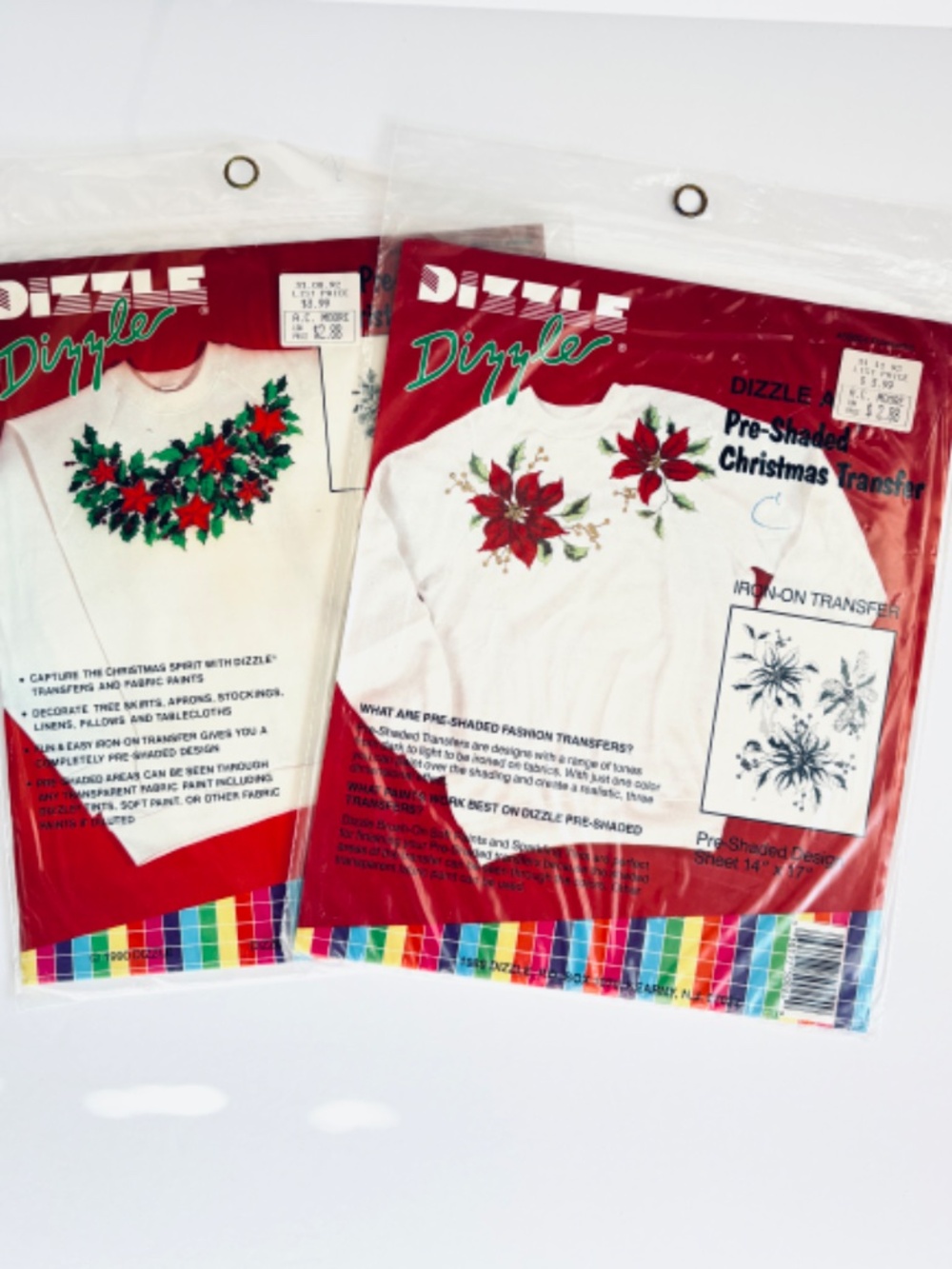 Dizzle Art Pre-Shaded Christmas Iron-On Transfer Lot of 2 Poinsettia Wreath